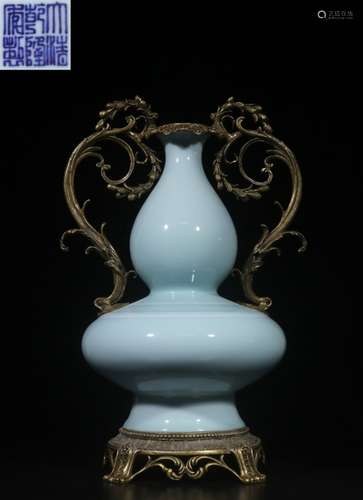 Chinese Glazed Porcelain Gourd Vase w Bronze Mount