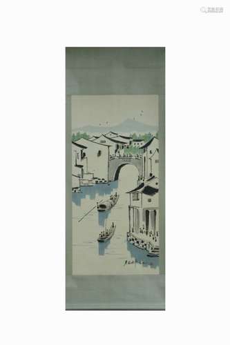 Chinese Ink Color Scroll Painting, Town Scene