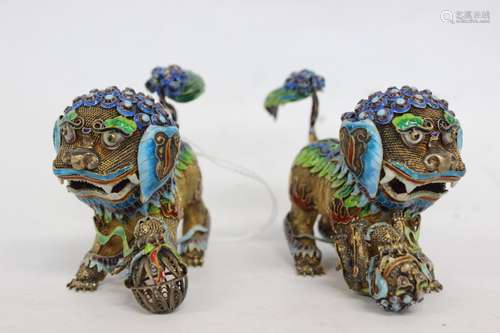 Pair of Chinese Enamel Silver Filigree Foo Dog