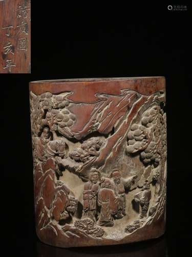 Late Qing Chinese Bamboo Hand Carved Brushpot,Mark