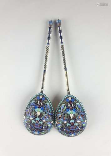 Large Russian Silver Enamel Pair Spoons