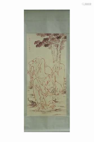 Chinese Ink Color Scroll Painting, Luohan