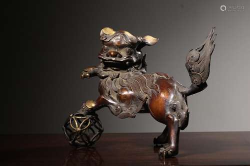 Qing Chinese Gilt Bronze Lion Playing Ball