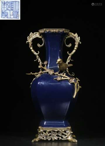 Chinese Blue Glazed Porcelain Vase w Bronze Mount