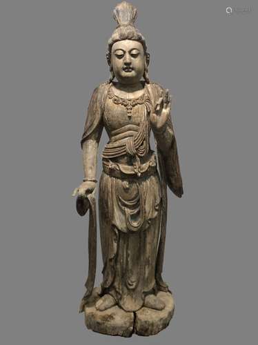 Tall  Chinese Wood Carved Standing Guanyin