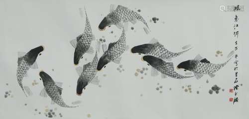 Chinese Ink Color Painting, Nine Fishes