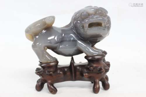 19th.C Chinese Agate Carved Dog on Stand