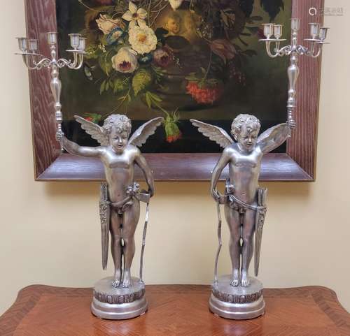 Large Antique Pair Bronze Cherub Candelabras