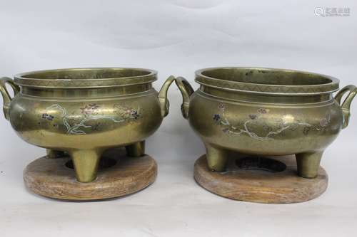 Pair Large Chinese Tripod Bronze Burner