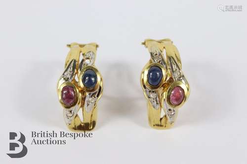 Pair of Diamond, Sapphire and Ruby Earrings