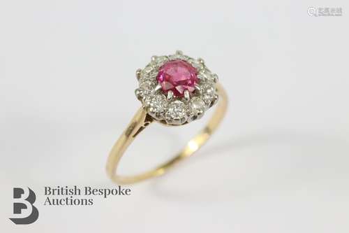 Yellow Gold Ruby and Diamond Cluster Ring