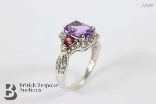 10ct White Gold Amethyst and Diamond Ring