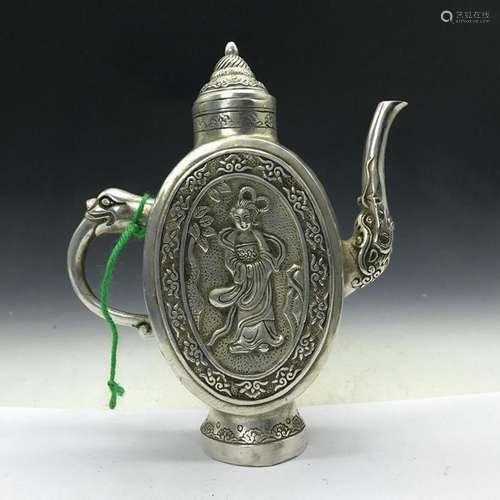 Chinese antique Tibetan silver wine hand-carved Character pa...