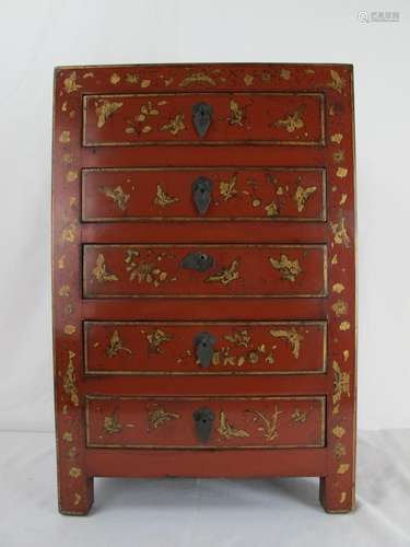 A Chinese Antique Red Lacquer Narrow Storage / Document Stor...