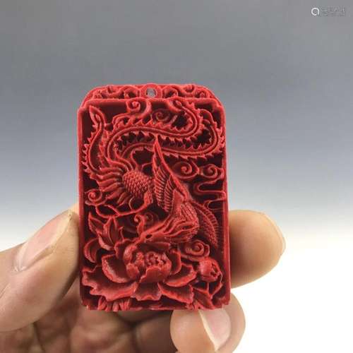 Chinese antique cinnabar pendant hand-carved Phoenix  pendan...