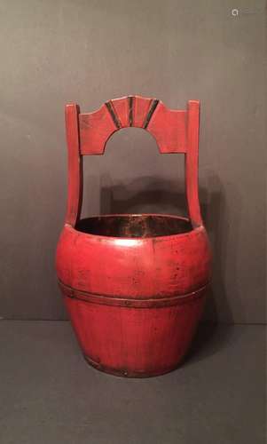 Antique Red Wooden Water Bucket with a fancy curved handle-O...