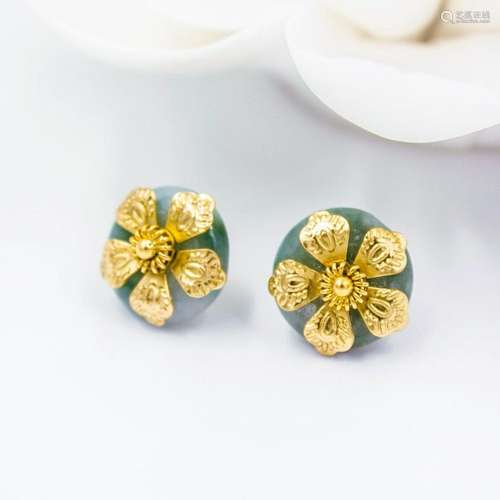 Gold Flower & Asian Antique Green Jadeite Minimal Everyd...