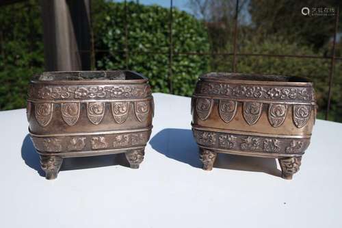 China 19th century pair of bronze bonsai pots