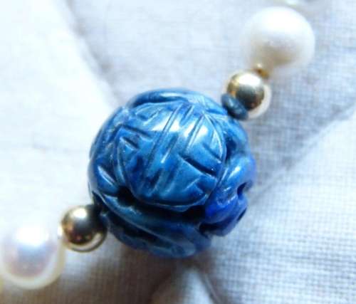 Lapis Shou beads, Antique Chinese carved lapis Shou beads an...