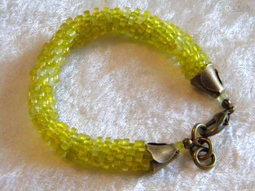 Yellow Smooth 4mm Rondelle Jade Kumihimo Bracelet with Antiq...