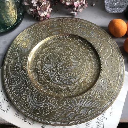 Antique Oriental Large Brass Plate. Etched Engraved Dragon D...