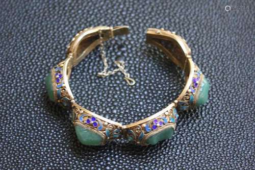 Antique Chinese Export Silver Filigree Enamel Jade Bracelet