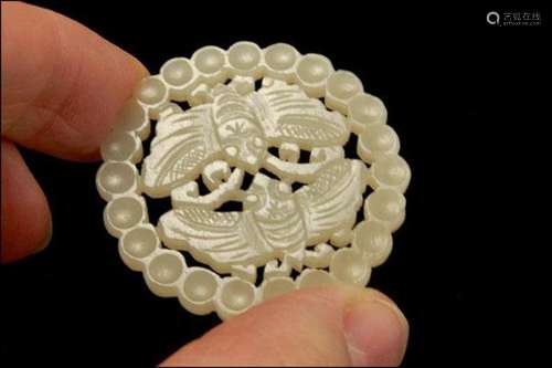 Antique Chinese carved white jade moths medallion amulet pen...