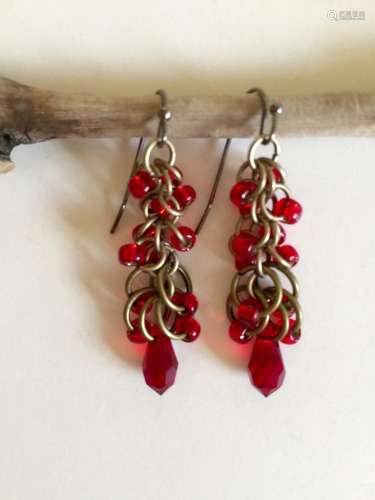 Ruby Red Crystal Earrings, Red Glass Bead Earrings, Multi La...