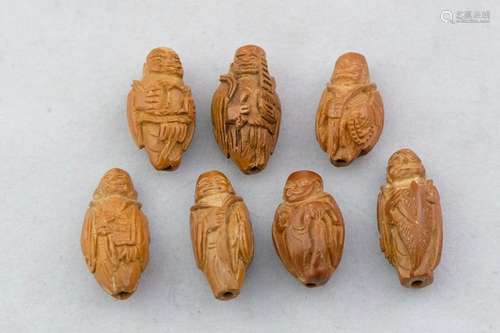 7 Antique Chinese Carved Hediao Immortals. Vintage Carved Pe...