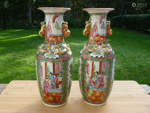 Pair of Two 19th C. Enamel Painted Rose Medallion Vases