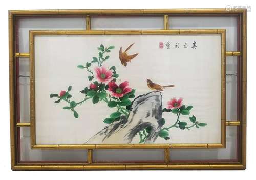 Large Antique Chinese Embroidered Framed Silk Panel Birds Fl...