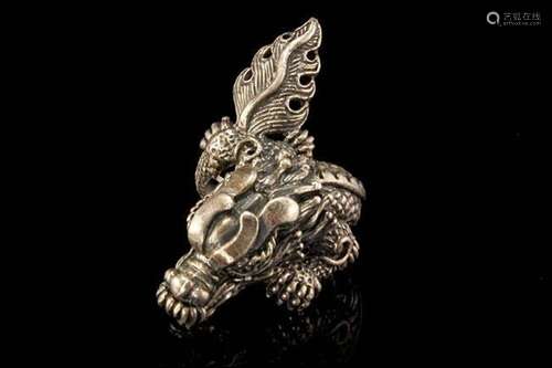 Antique Chinese Dragon Silver Men Ring