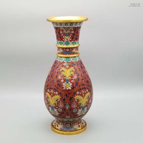 Antique Chinese Cloisonne Copper Red Vase. Fine & Ornate...