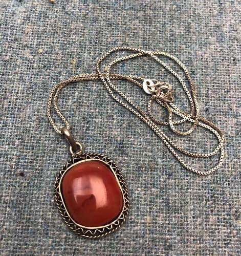 Antique Chinese Carnelian Stone Pendant In Silver 18 Inch Ch...