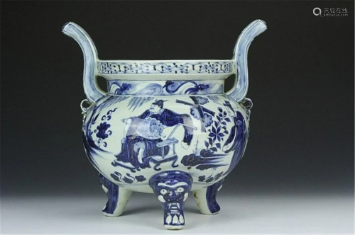 China blue and white censer"" Height 14 in."