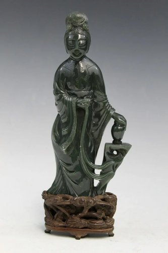 Chinese Carved Spinach Jade Figure on Wood Stand