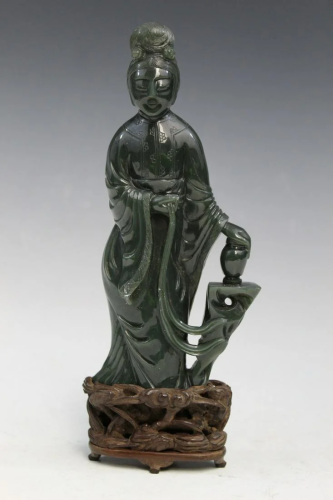 Chinese Carved Spinach Jade Figure on Wood Stand