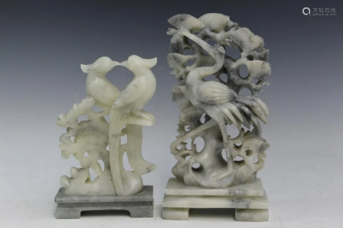 Two Chinese Carved Soapstone Bird Statues