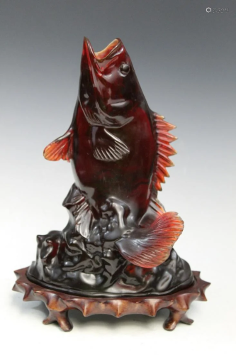 Chinese Resin Statue of a Fish on Wood Stand