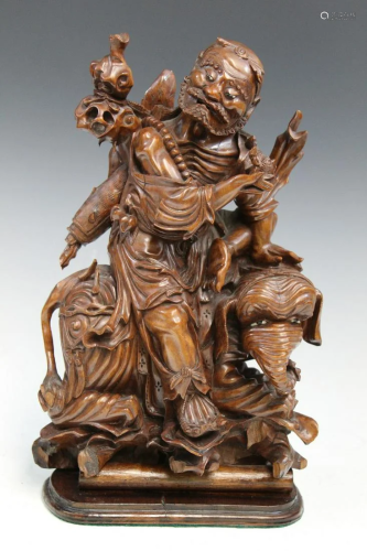 Chinese Carved Wood Statue of an Immortal Riding an Elephant