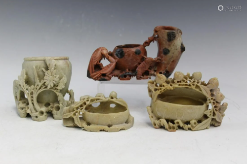 Four Chinese Carved Soapstone Water Coupes .