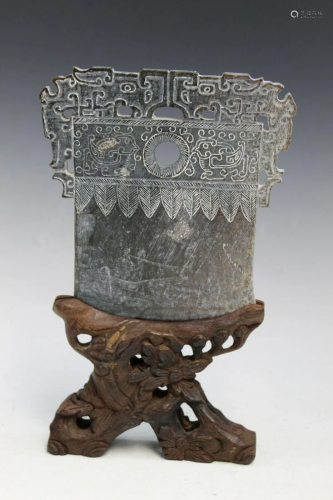 Chinese Carved Jade Axe on Wood Stand
