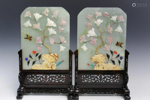Pair of Chinese Jade and Precious Stone Table Screens