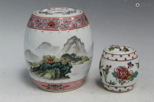Two Chinese Drum Shaped Porcelain Boxes.