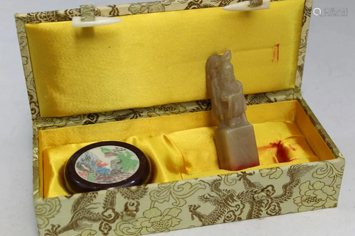 Chinese Carved Soapstone Seal and Ink Box