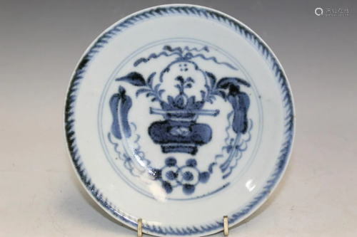 Chinese Blue and White Porcelain Dish with Flower Basket Dec...
