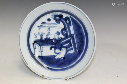 Chinese Blue and White Porcelain Dish Depicting a Scholar Si...