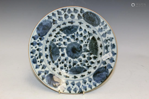 Chinese Blue and White Porcelain Dish with Flower Decoration...