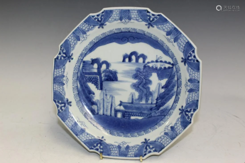 Chinese Export Blue and White Porcelain Plate with River Sce...