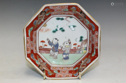Japanese Famille Rose Blue and White Porcelain Octagonal Dis...